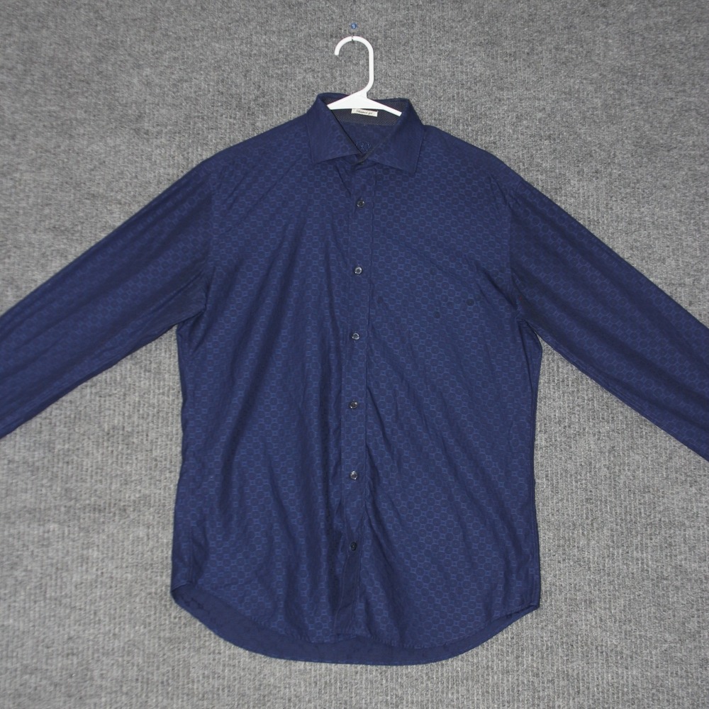 Bugatchi Button Down Shirt Mens M Blue Geometric Pattern Long Sleeve Shaped Fit